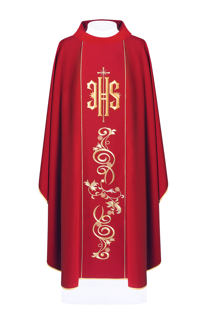 Red chasuble embroidered with IHS