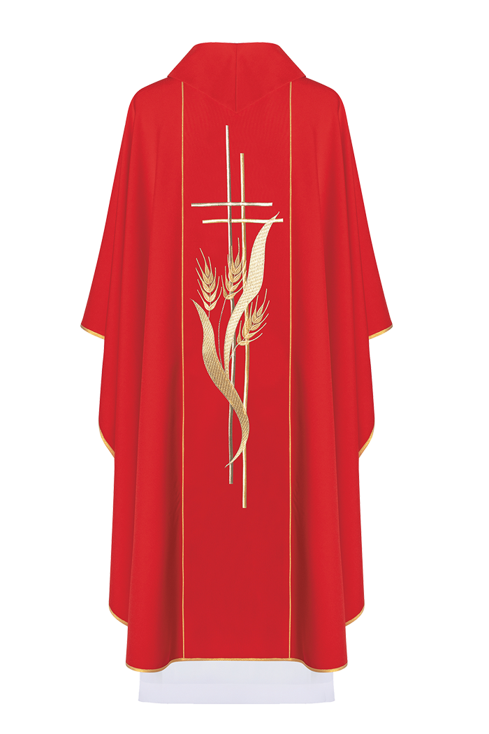 Red chasuble embroidered with motifs of cross and wheat