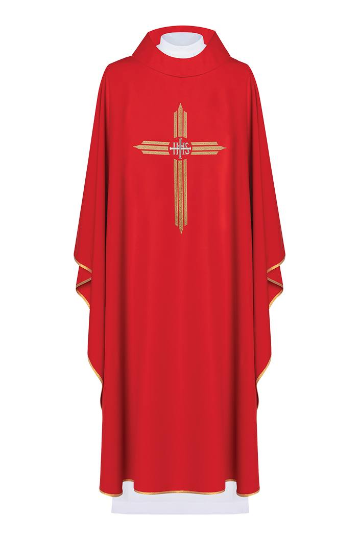 Red chasuble embroidered with the symbol of Cross IHS