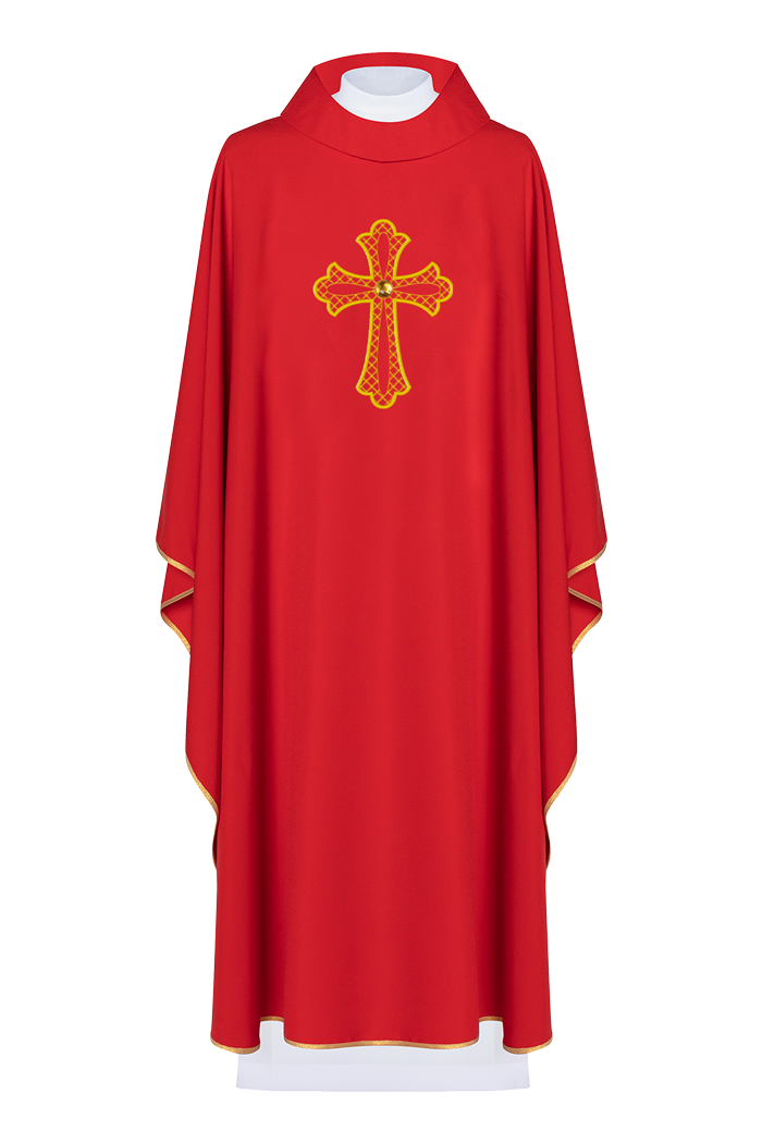 Red chasuble embroidered with the symbol of the cros