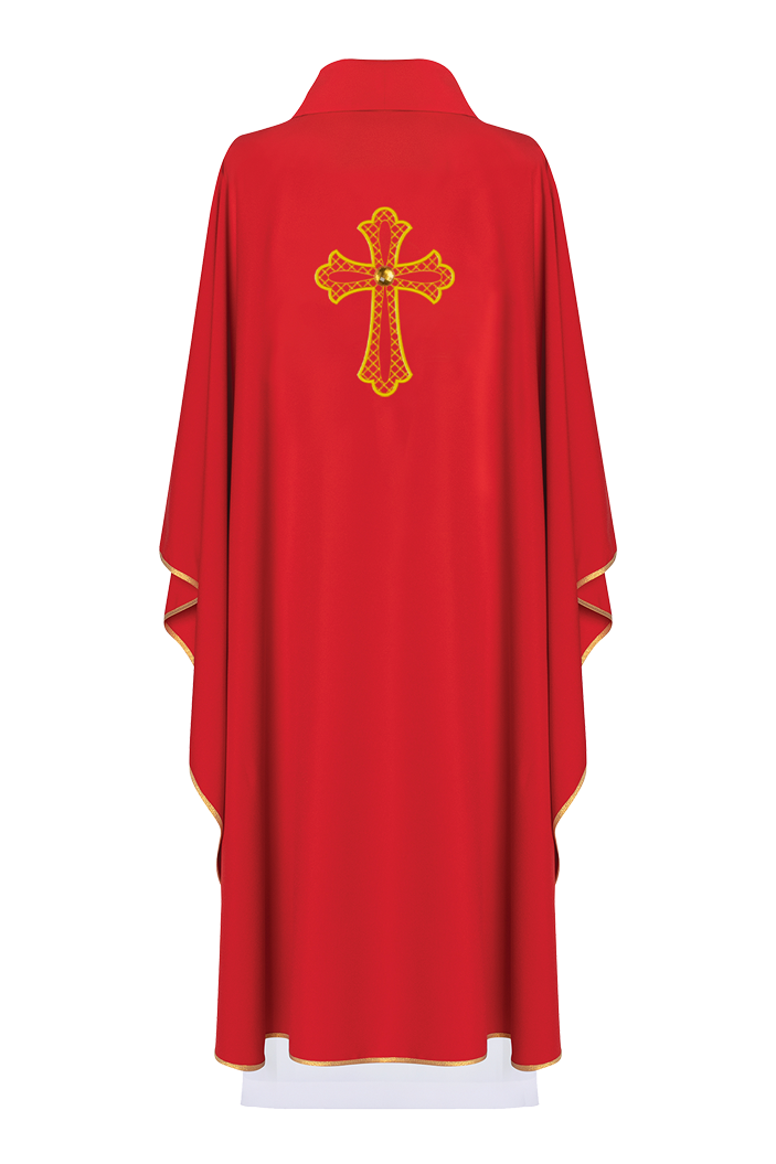 Red chasuble embroidered with the symbol of the cros