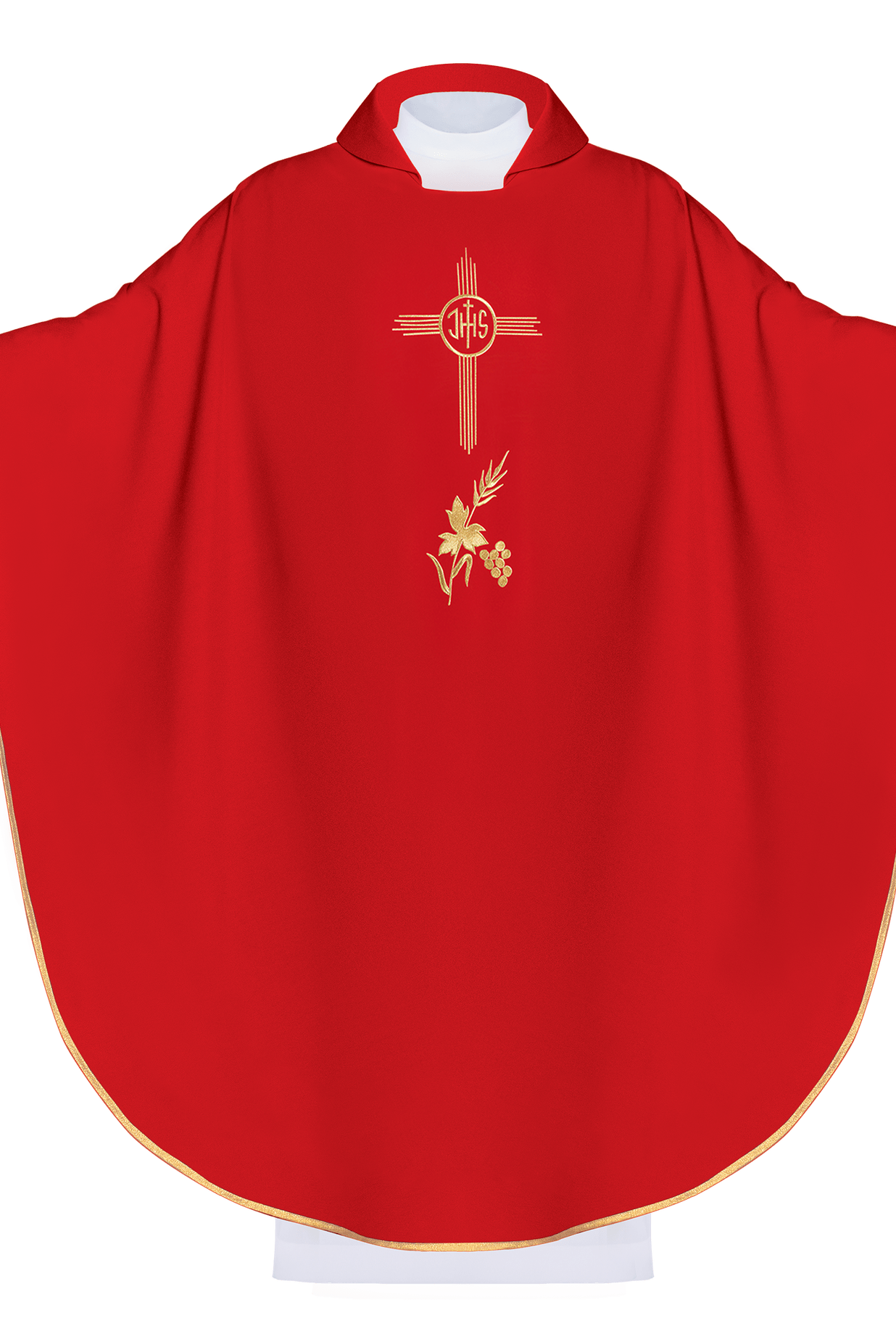 Red embroidered chasuble with wide collar and IHS motif