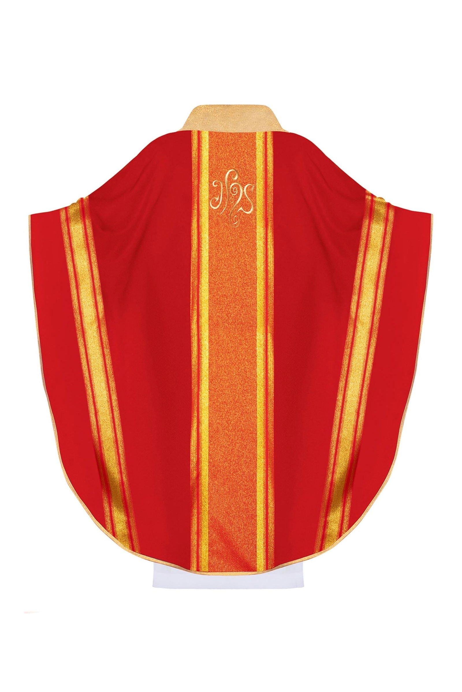 Red chasuble embroidered with IHS motif with gilding