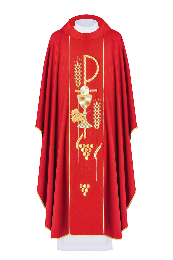 Red chasuble with embroidered PX and chalice symbol