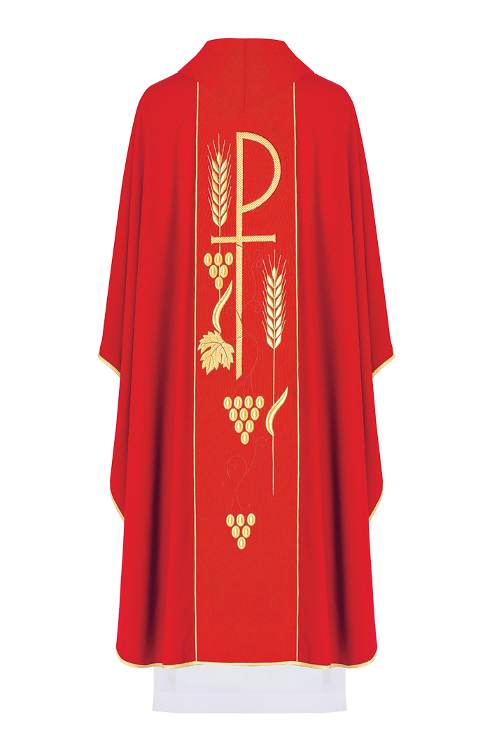 Red chasuble with embroidered PX and chalice symbol