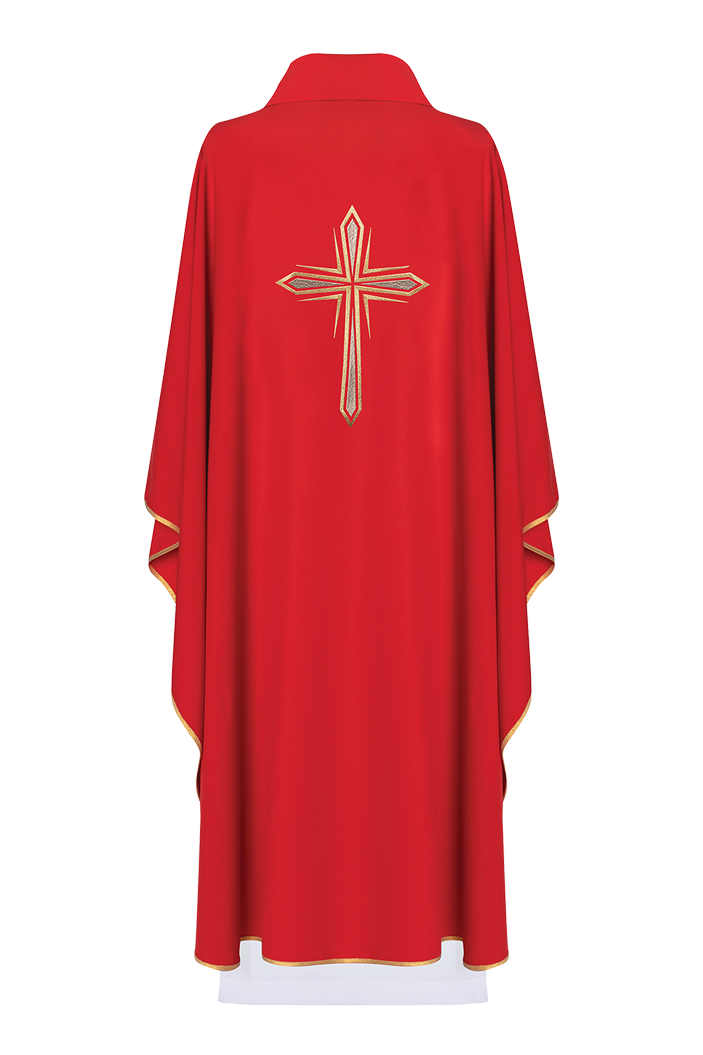 Red chasuble embroidered with cross pattern