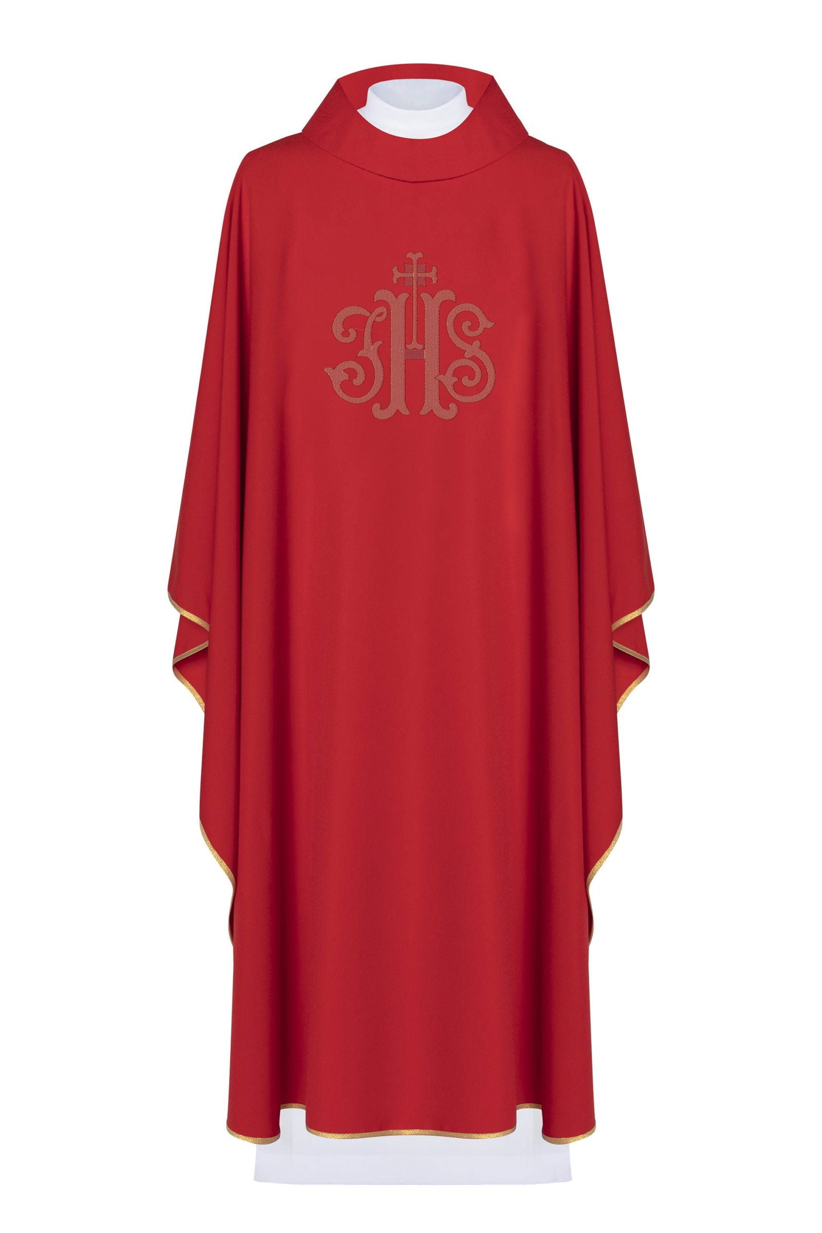 Red liturgical chasuble embroidered with IHS