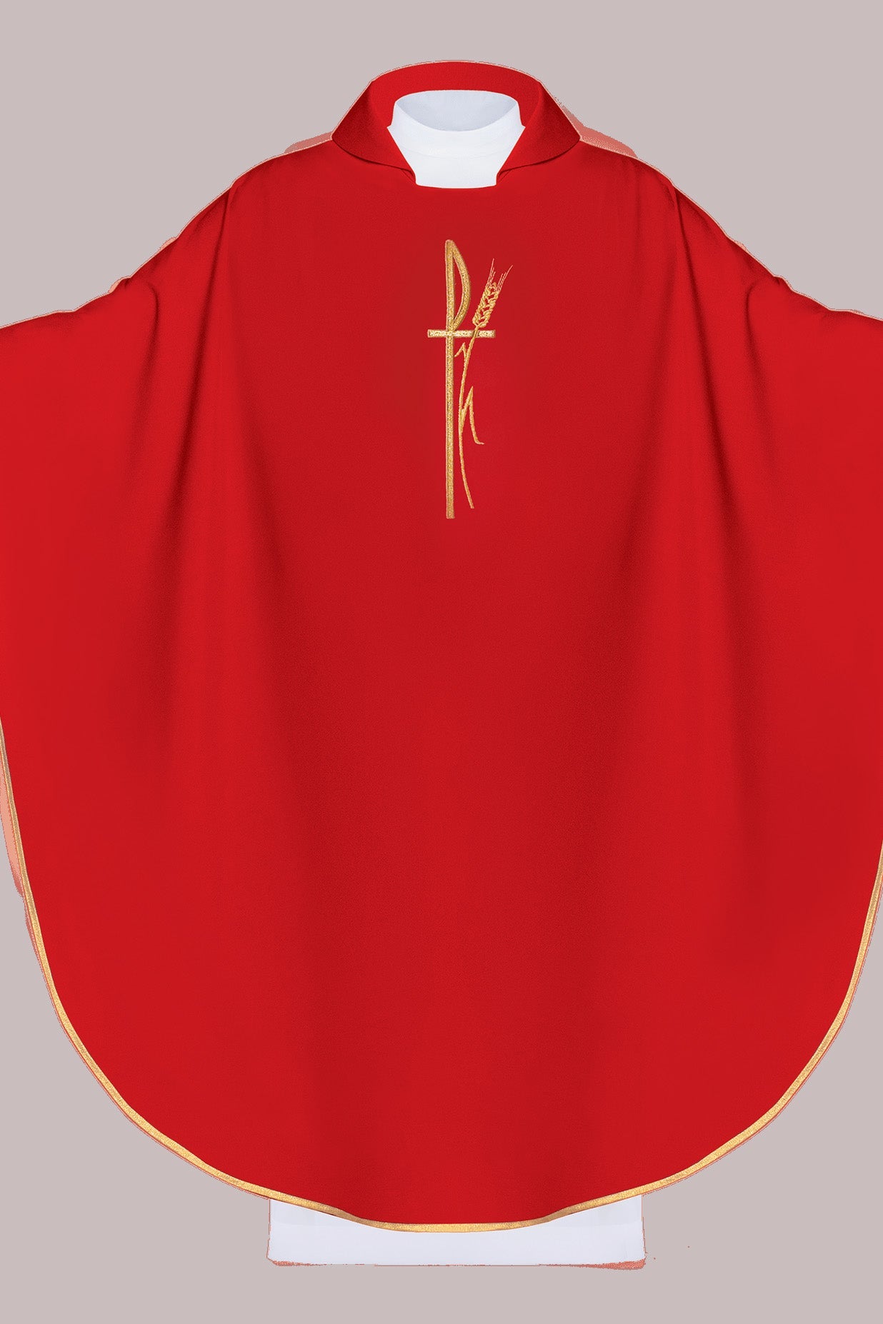 Red liturgical chasuble with wide collar and delicately embroidered cross