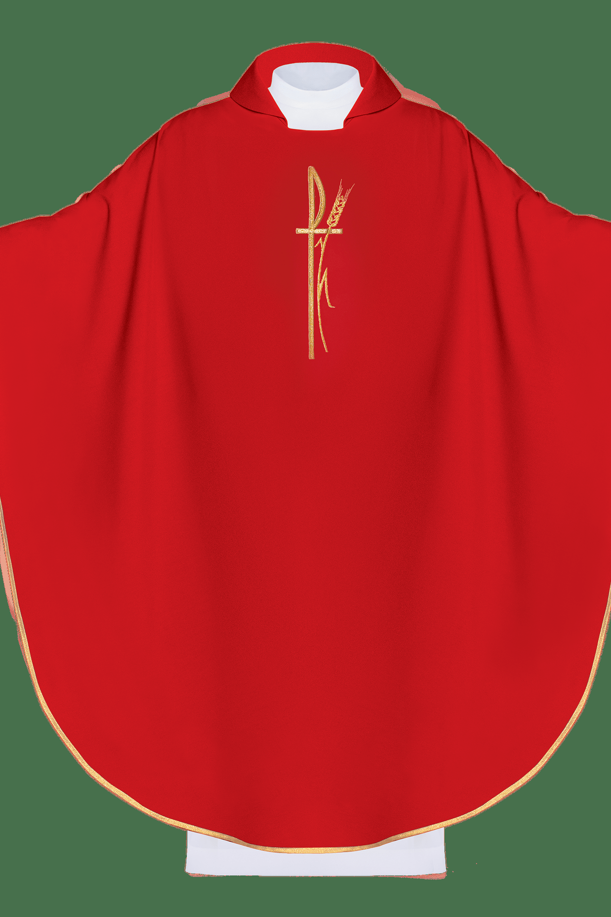 Red liturgical chasuble with wide collar and delicately embroidered cross