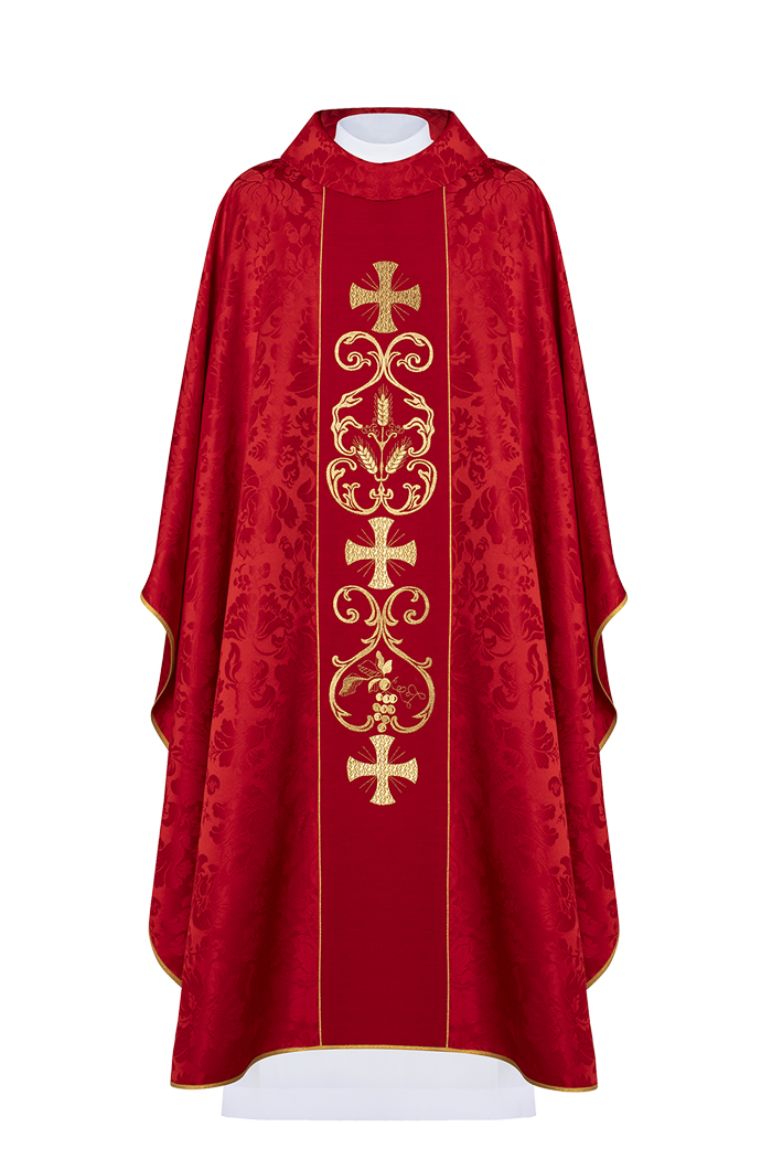 Red liturgical chasuble decorated with an embroidered belt