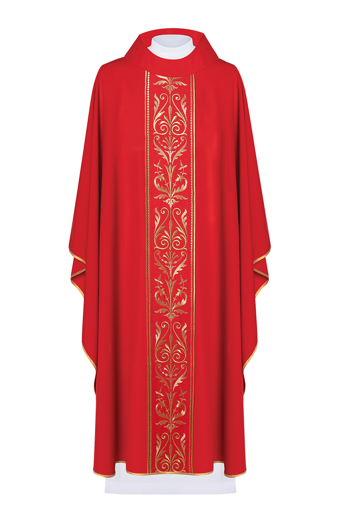 Red liturgical chasuble decorated with a gold embroidered belt