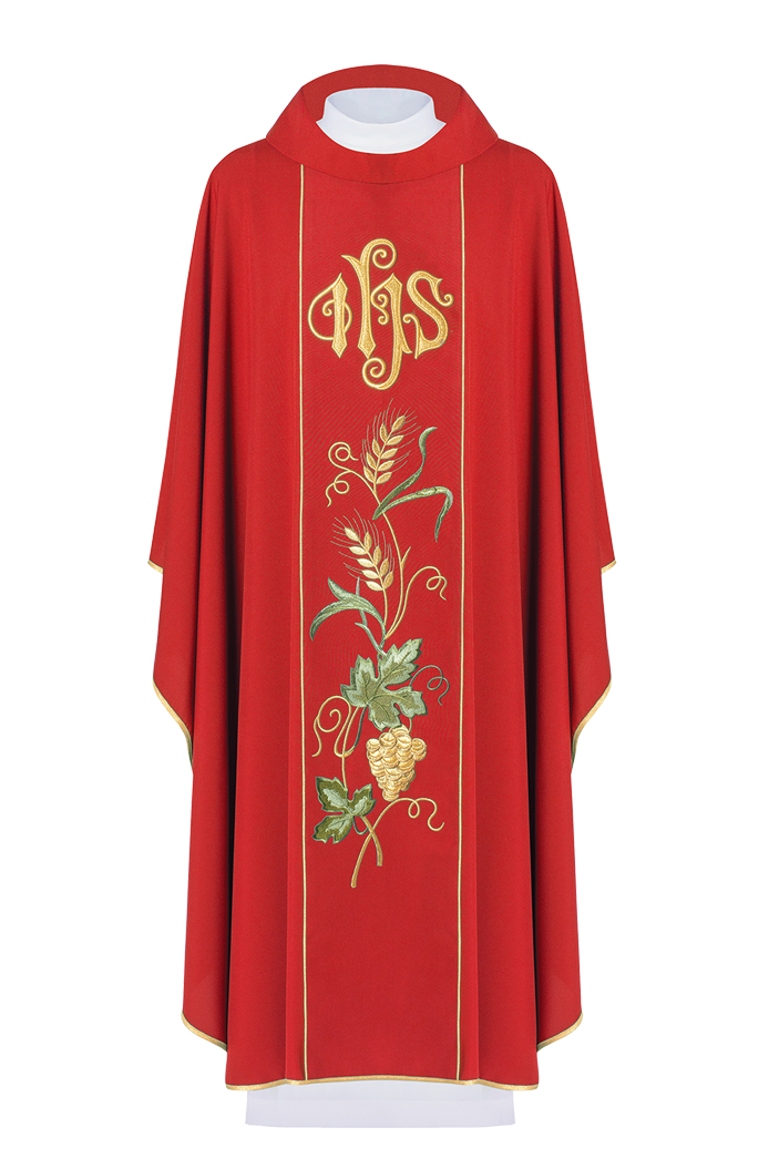 Red chasuble with IHS, ears of wheat, and grapes embroidery on a belt