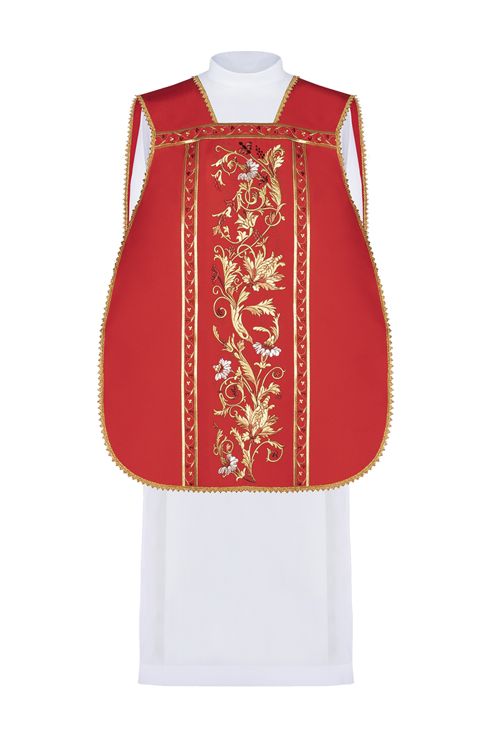 Red Roman Chasuble embroidered with the motif of IHS