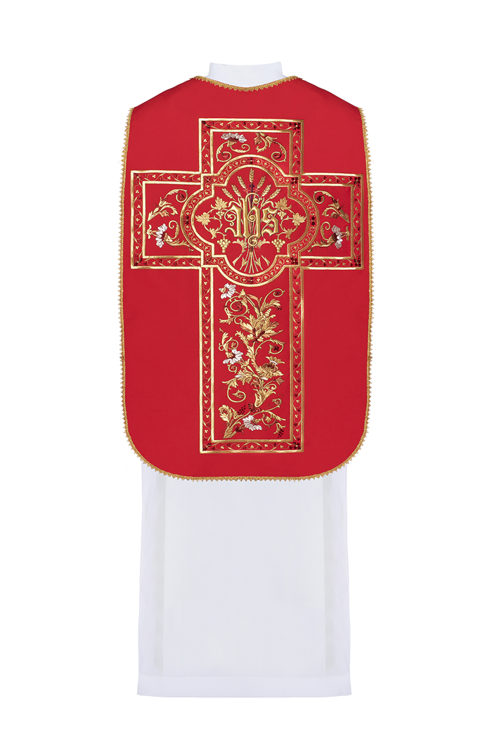 Red Roman Chasuble embroidered with the motif of IHS