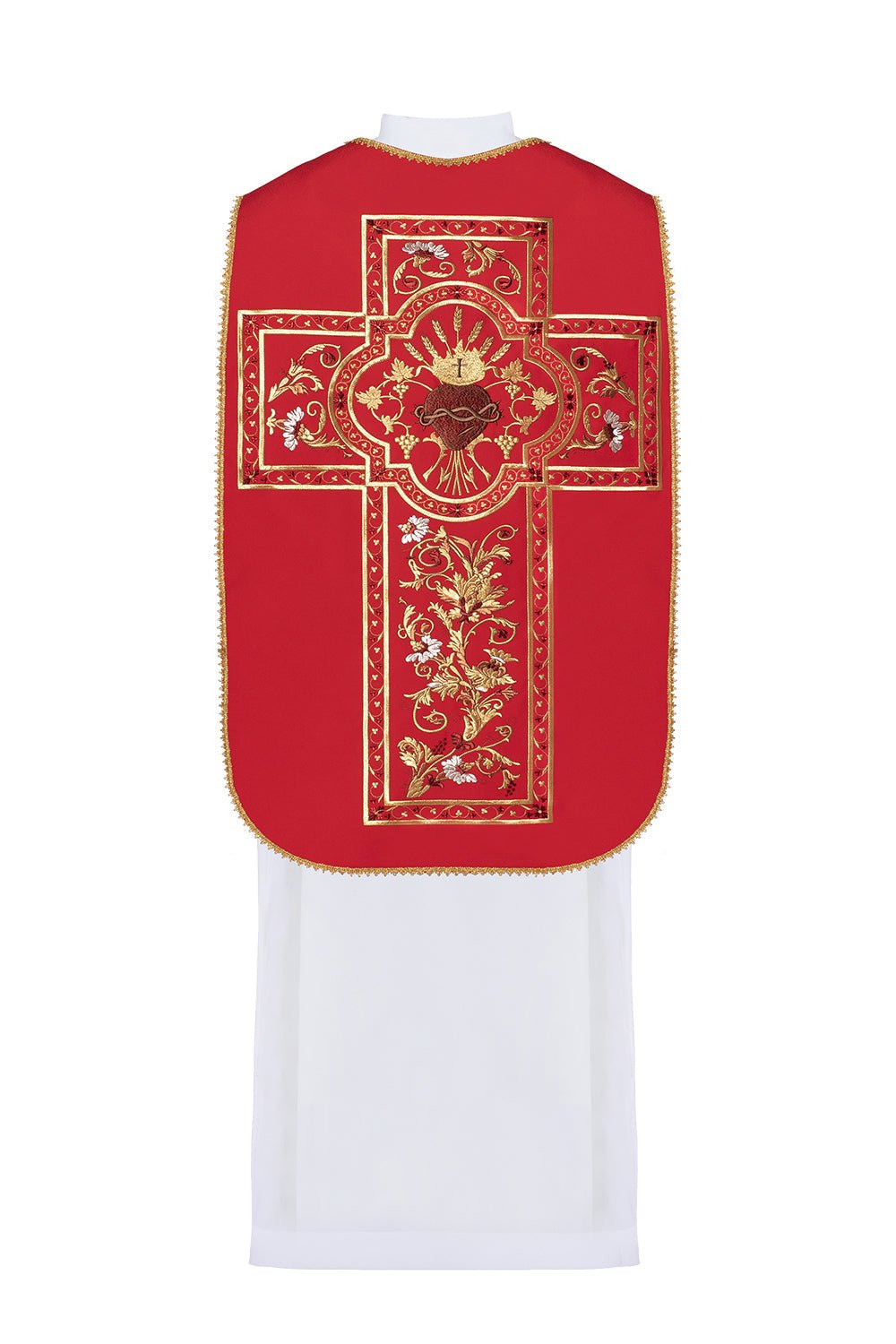 Red Roman Chasuble embroidered with the motif of the Sacred Heart of Jesus