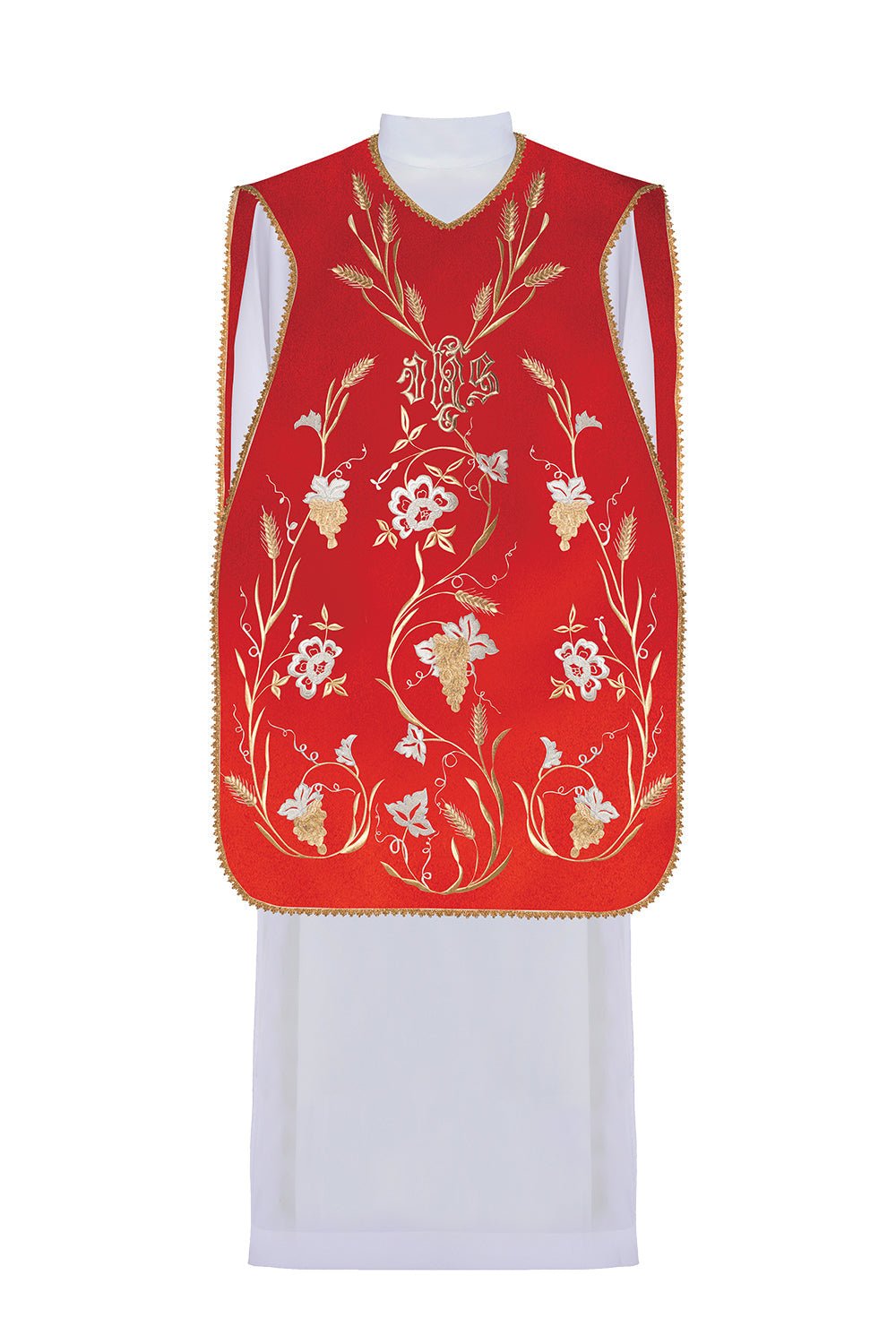 Red Roman Chasuble with the motif of IHS, ears of wheat, and grapes