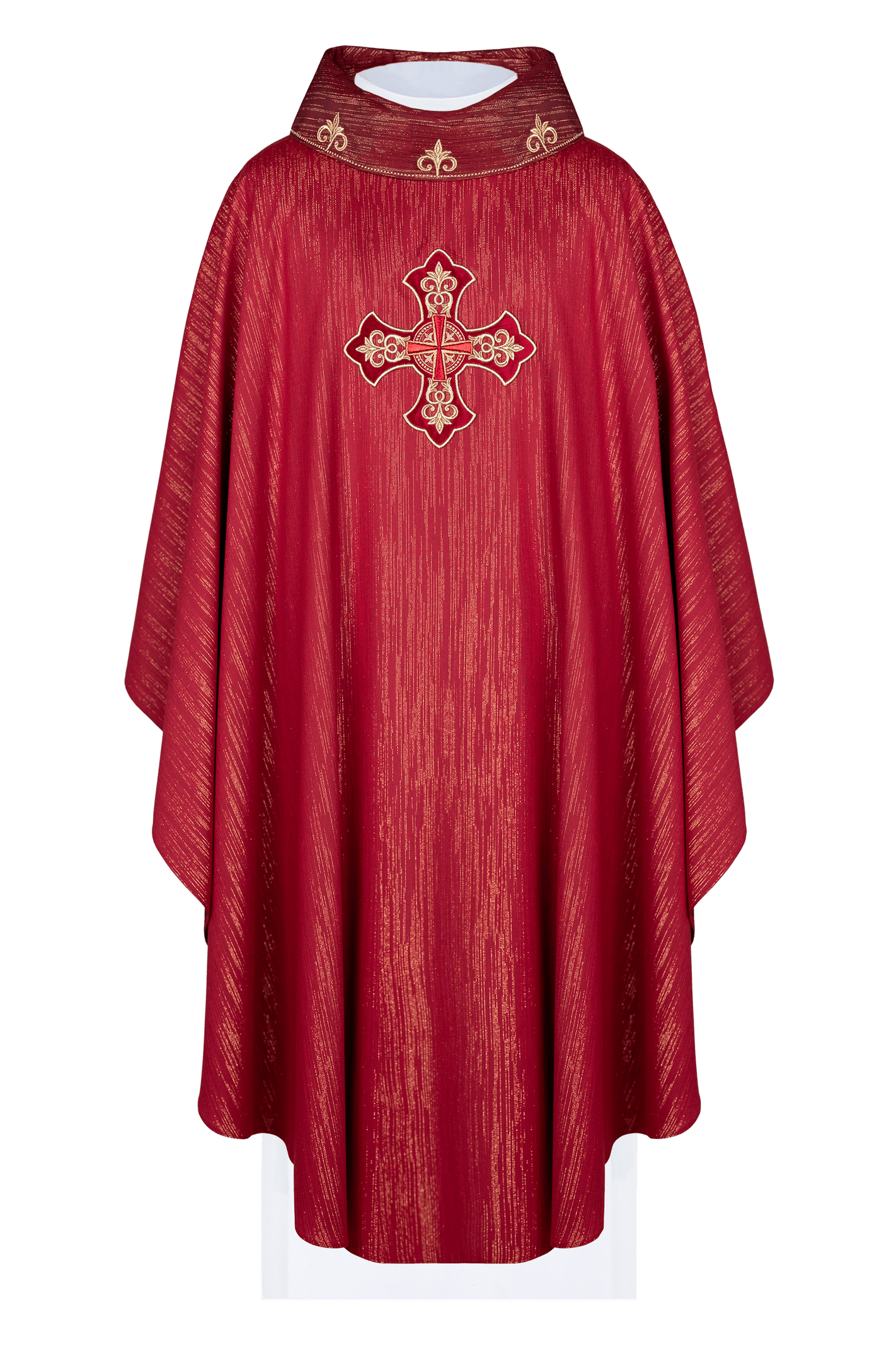 Red chasuble with richly embroidered cross and decorated collar