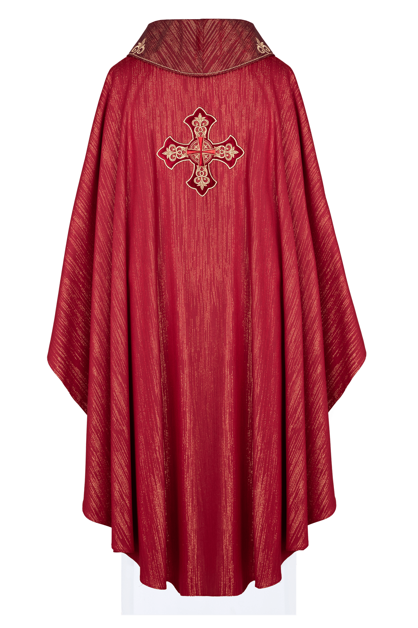 Red chasuble with richly embroidered cross and decorated collar