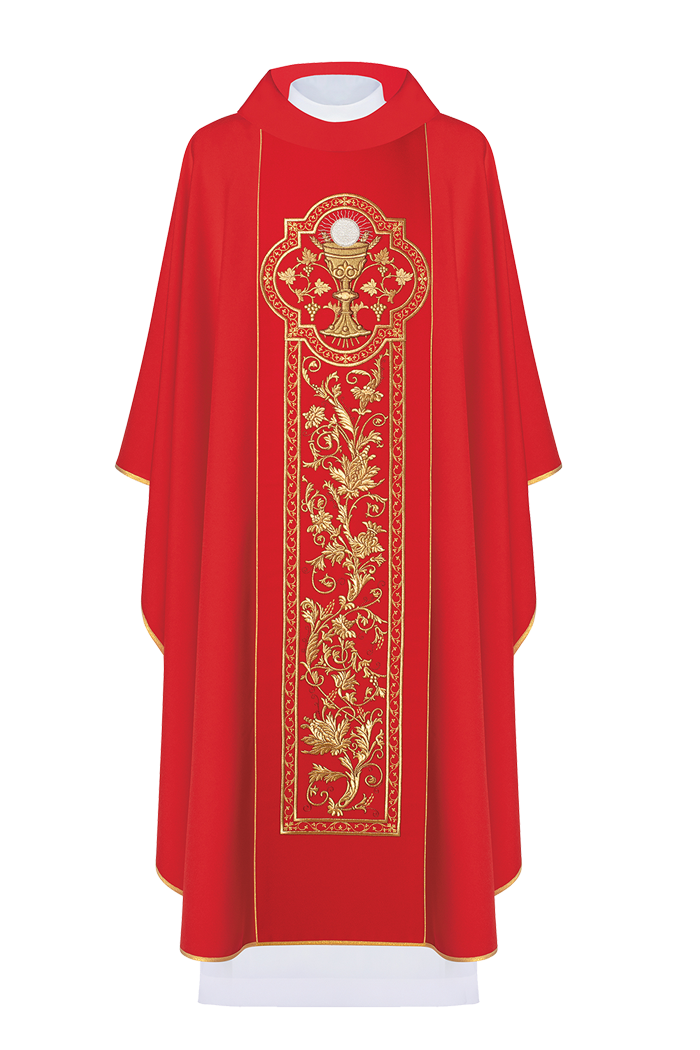 Red chasuble with the symbol of the Eucharistic Chalice