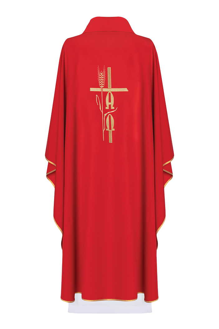 Red chasuble with cross and alfa omega symbols