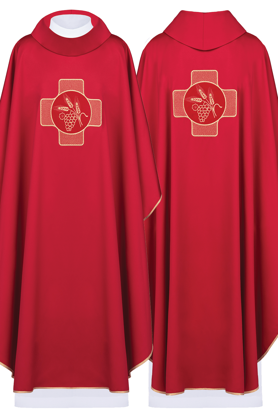 Red chasuble with embroidery with symbol of cross and ears with grapes