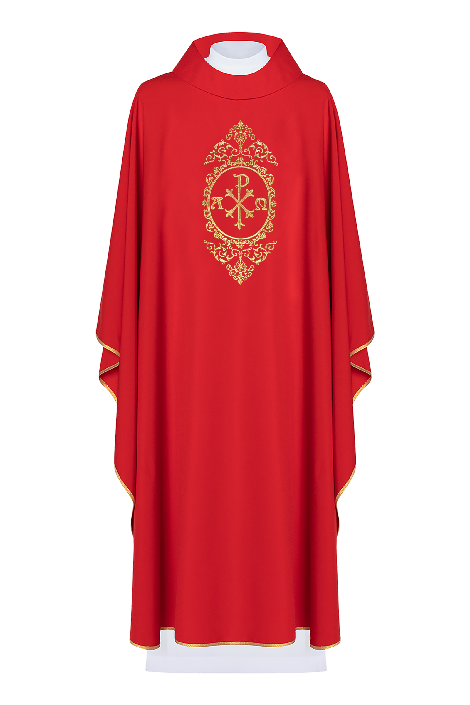 Red chasuble with PAX surrounded by gold embroidery