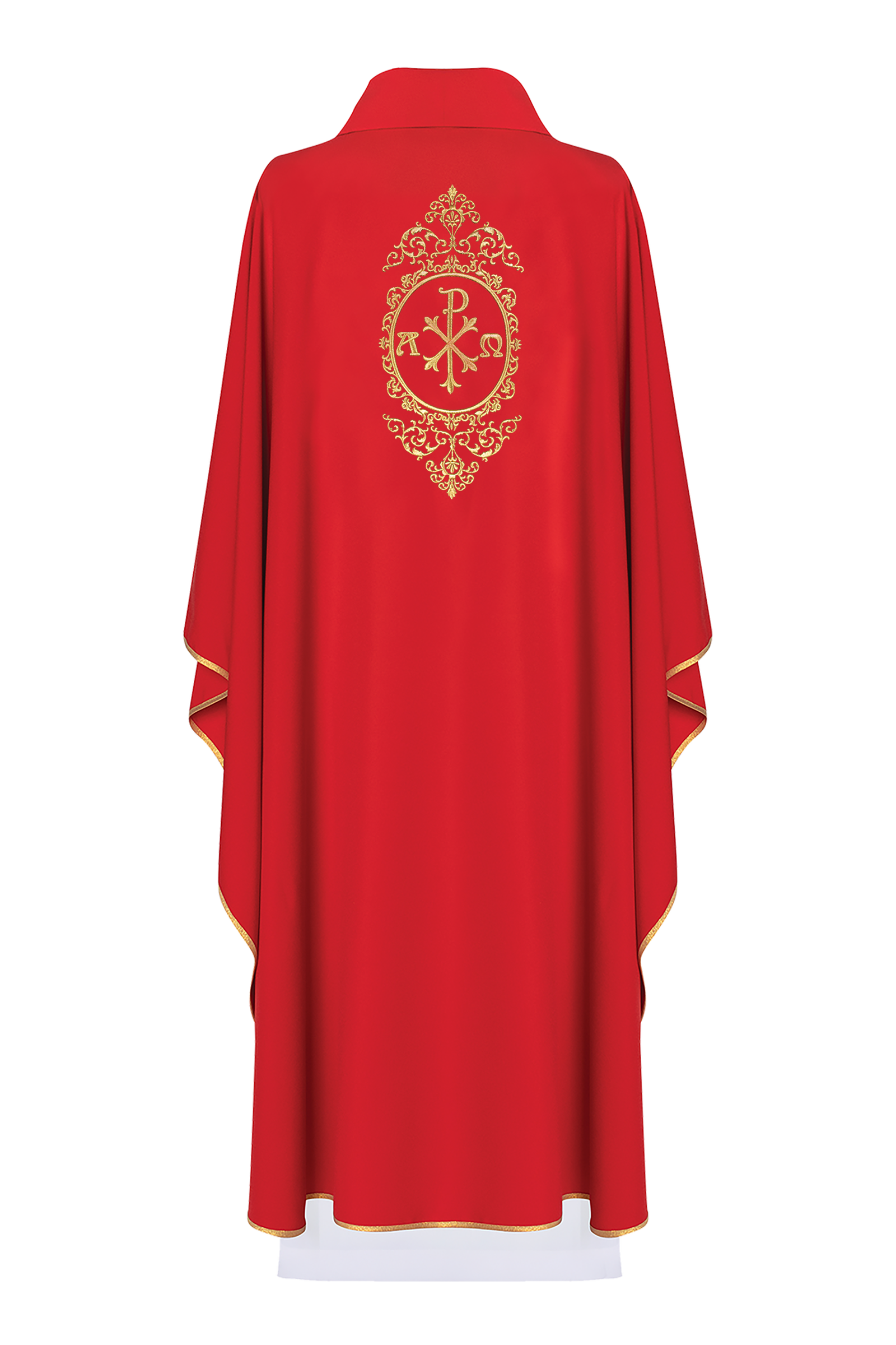 Red chasuble with PAX surrounded by gold embroidery