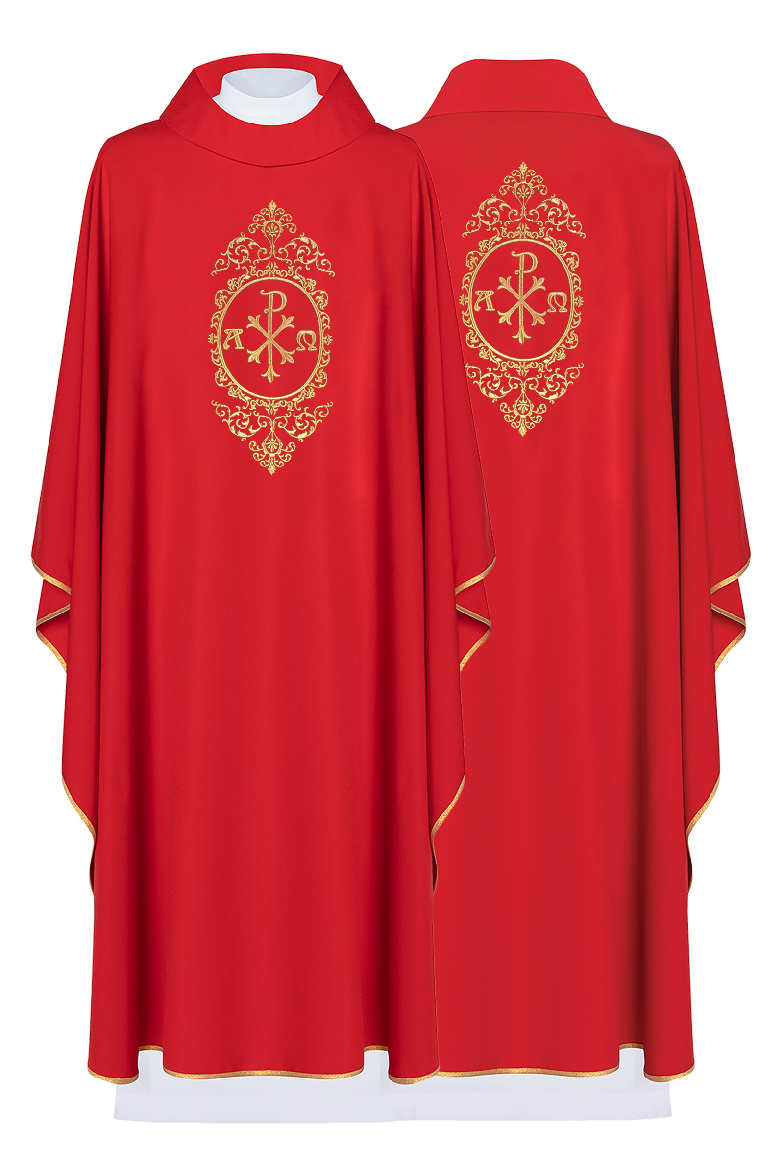 Red chasuble with PAX surrounded by gold embroidery