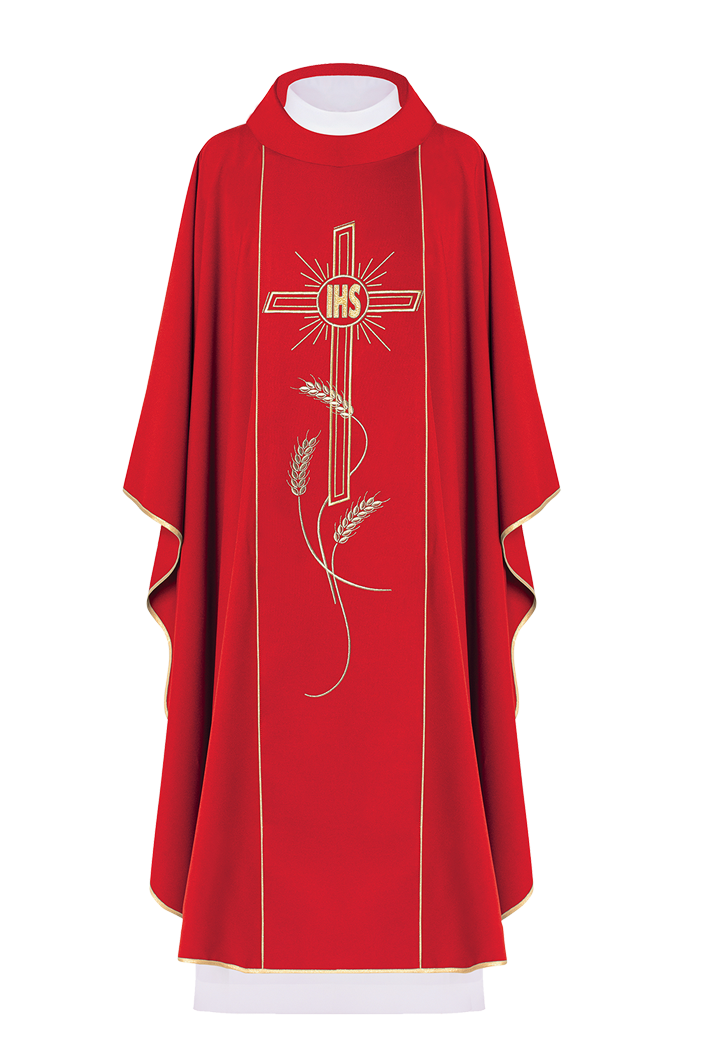 Red chasuble with embroidered Cross IHS symbol