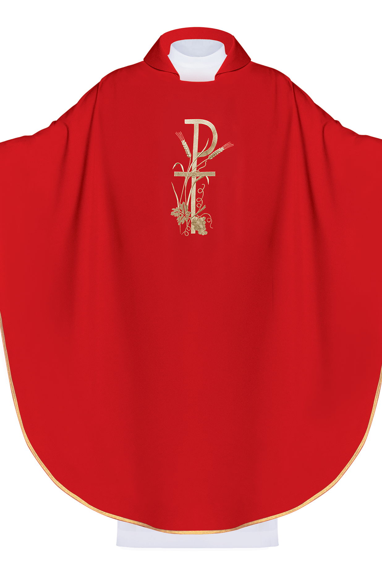 Red chasuble with wide collar and gold cross embroidery