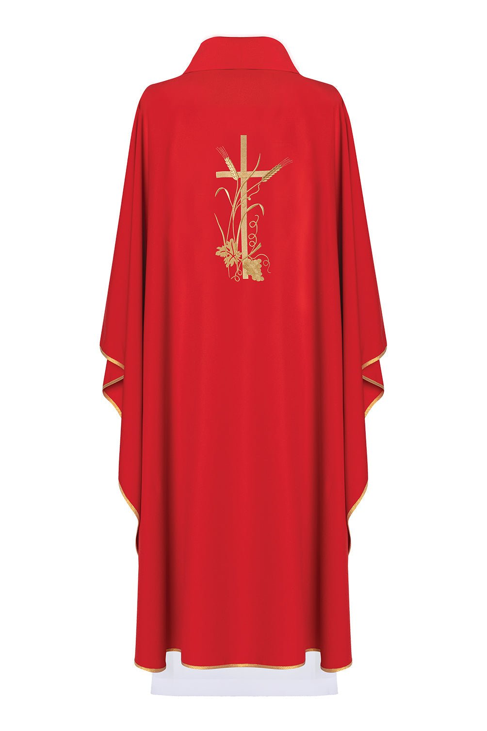 Red chasuble with wide collar and gold cross embroidery