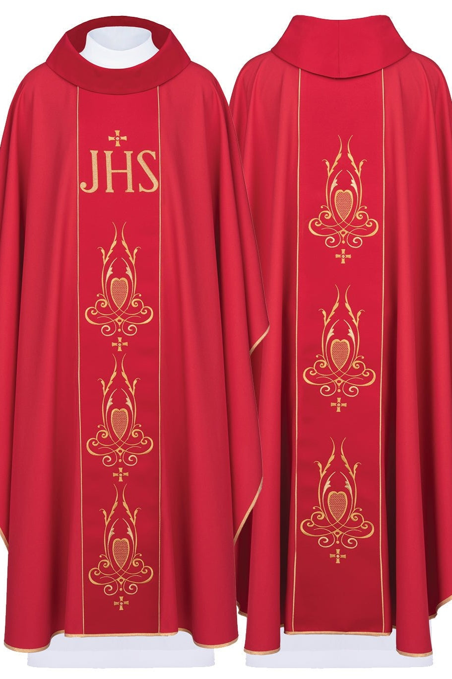 Red chasuble with JHS pattern on the belt - HAFTINAUSA.COM