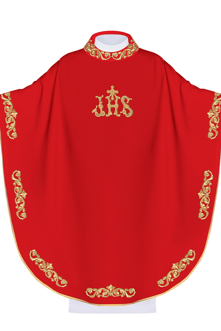 Red chasuble with embroidery around silhouette