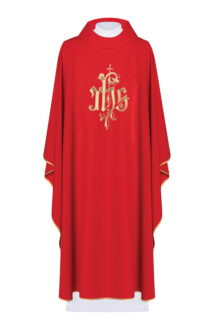 Red chasuble with classic gold JHS