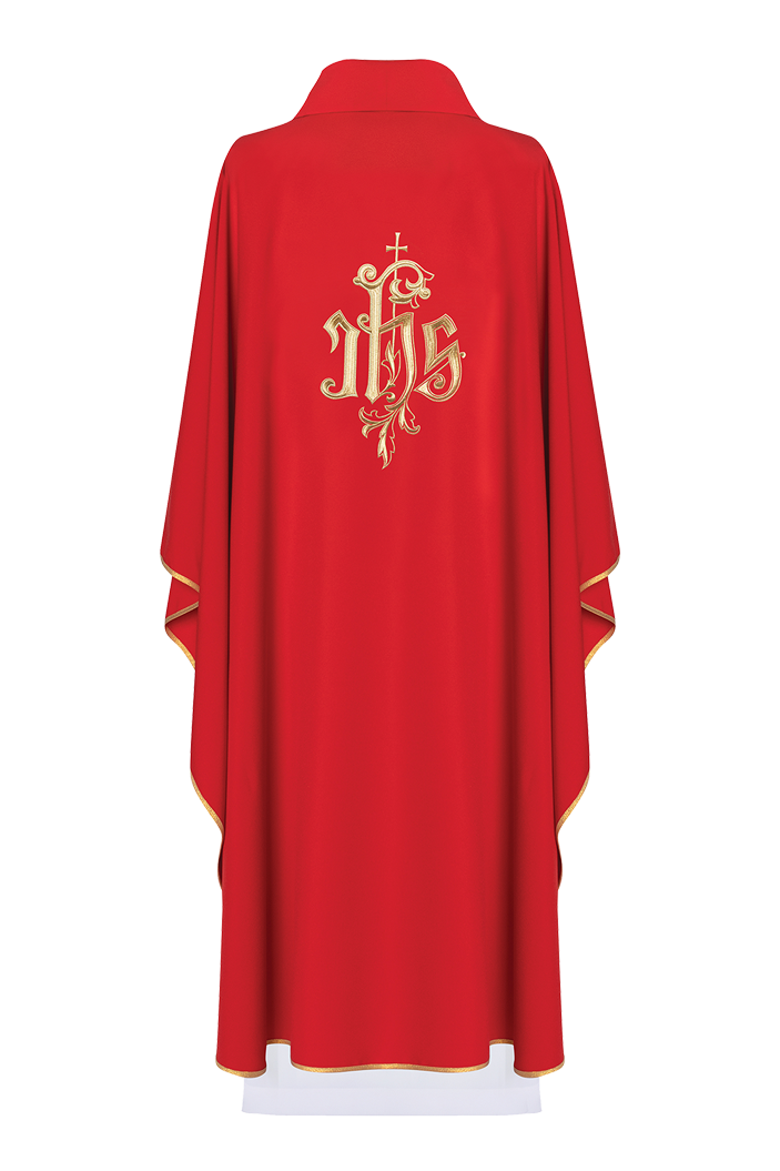 Red chasuble with classic gold JHS