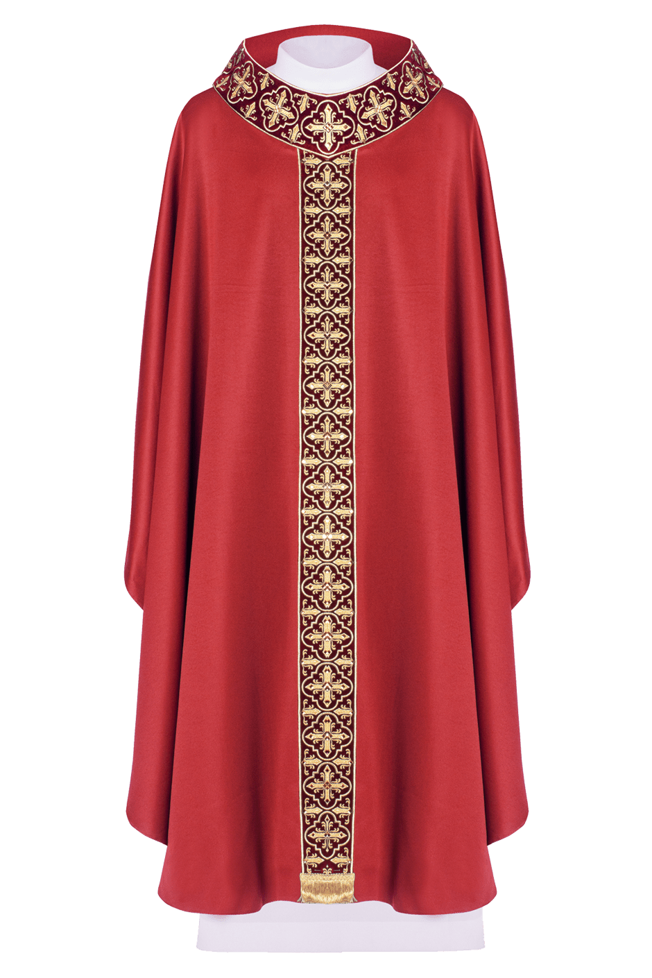 Red chasuble adorned with stones and a narrow band