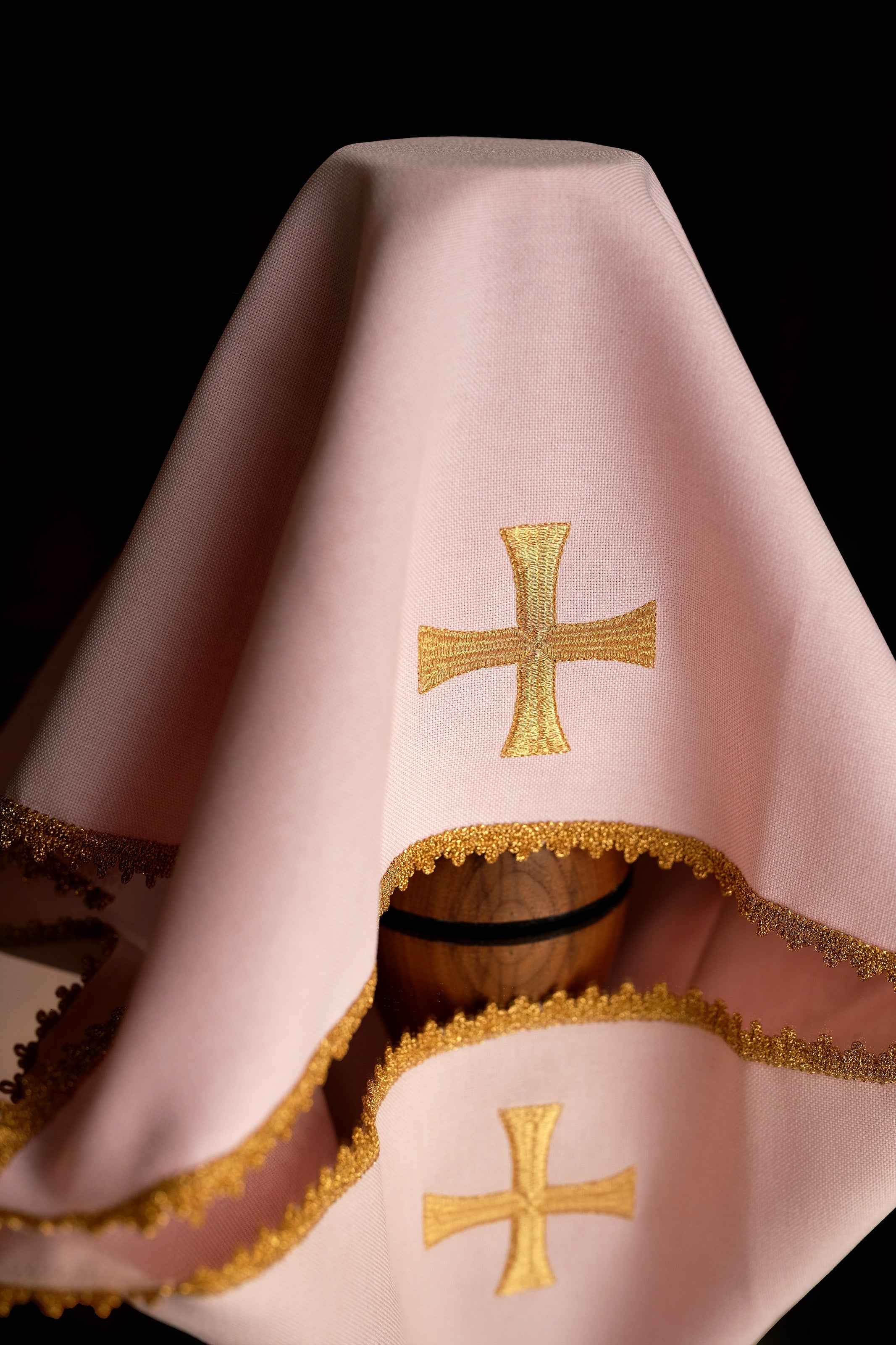 Pink chalice veil with symbol of the cross