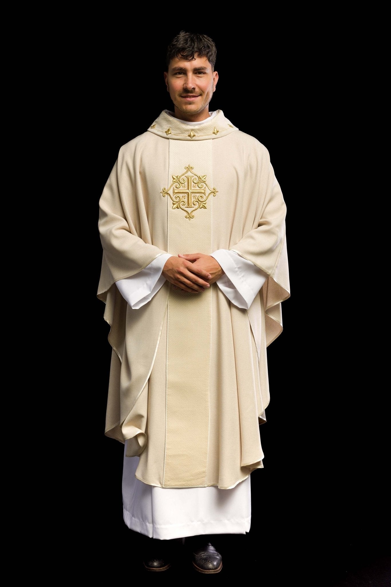 Ecru Chasuble with Embroidered Cross Symbol LE/7029/05 - HAFTINAUSA.COM
