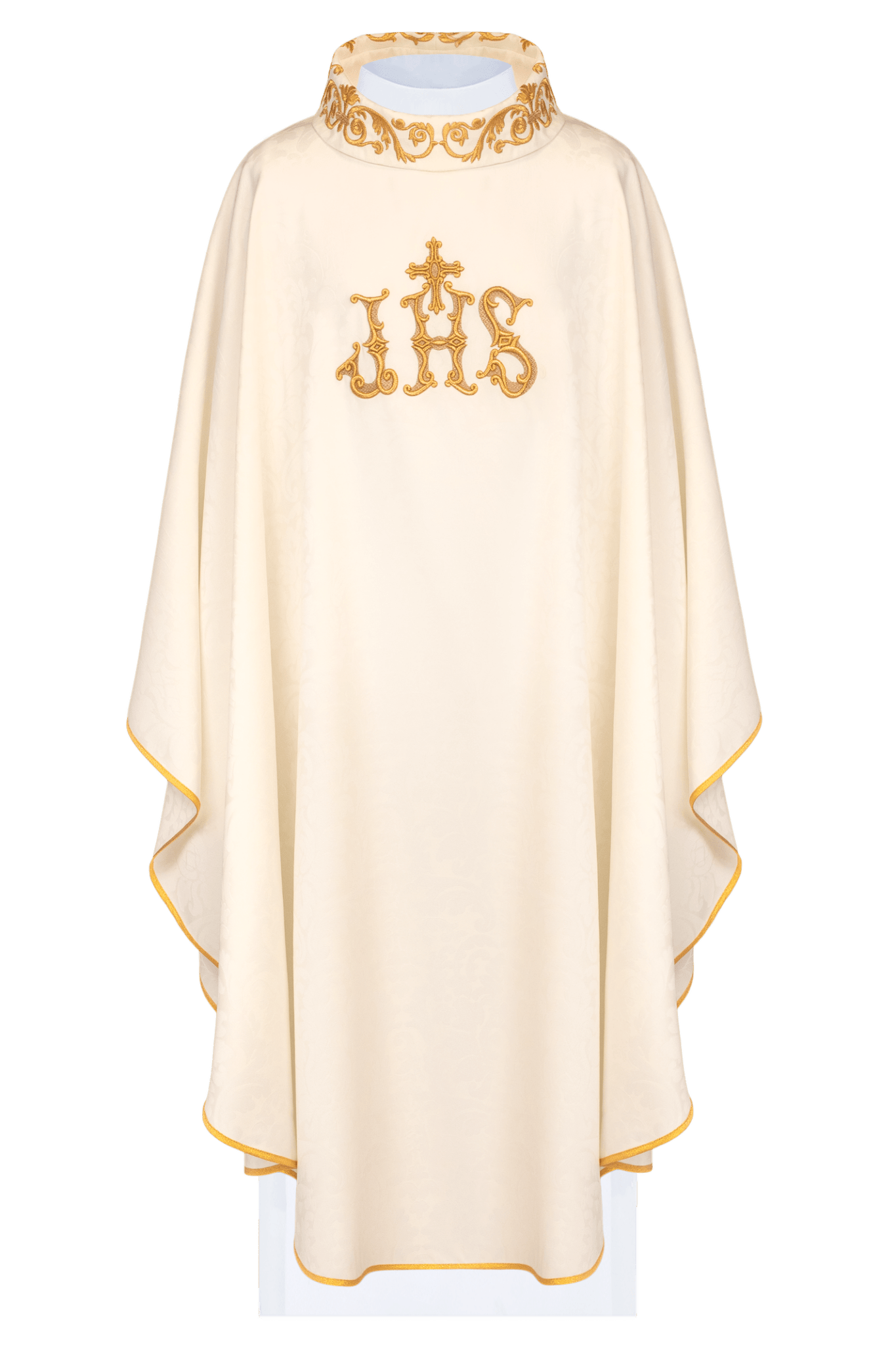 Ecru chasuble with IHS motif and richly embroidered collar LE/7157/05 - HAFTINAUSA.COM