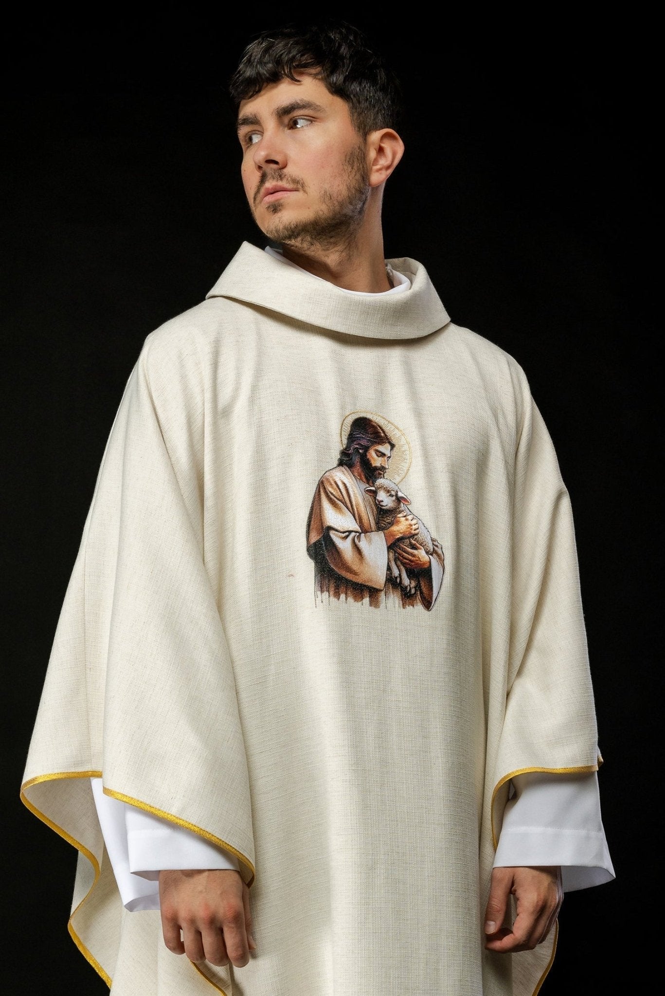 Ecru chasuble with image of Jesus the Good Shepherd with Lamb KOW2/028/05/49 - HAFTINAUSA.COM