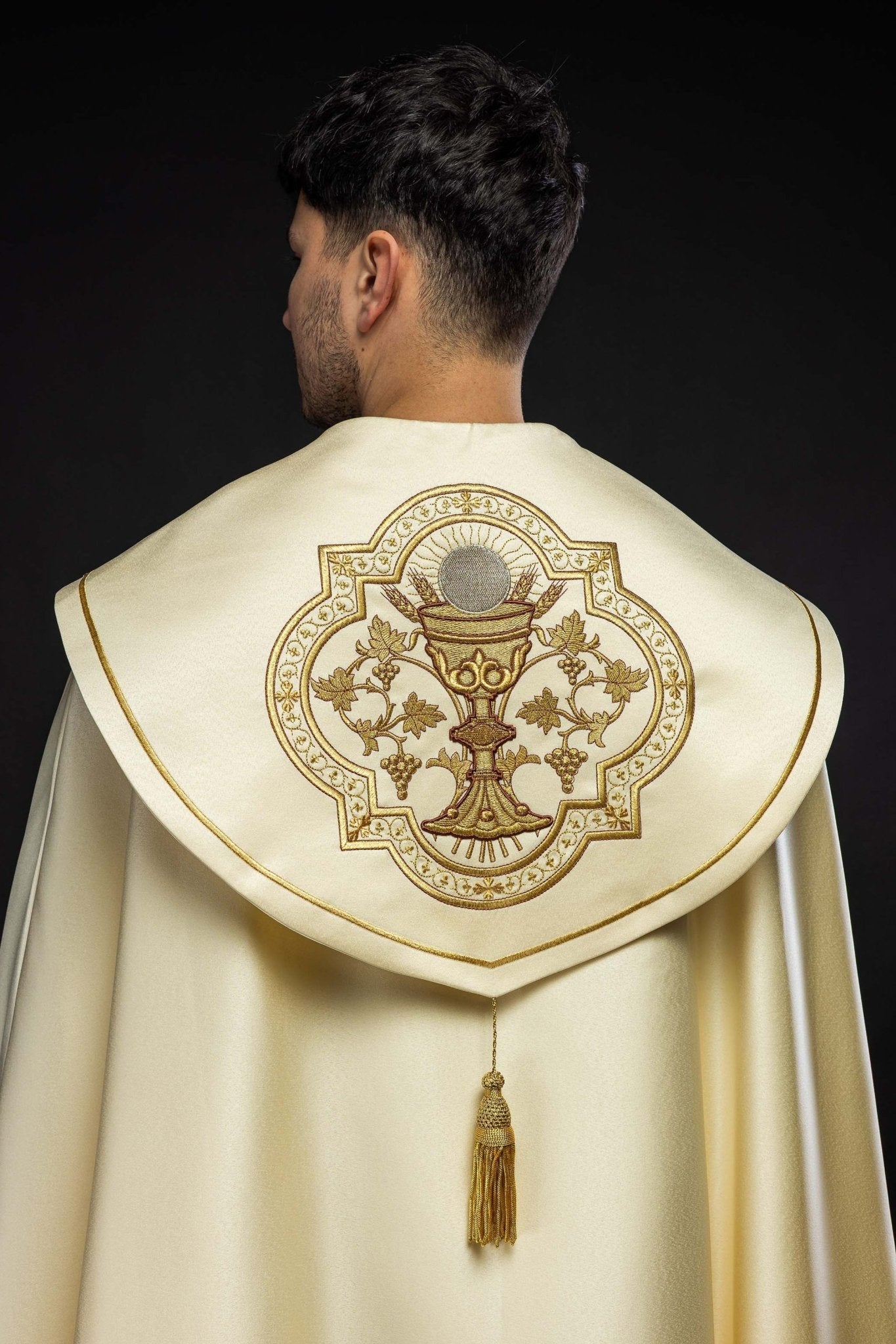 Ecru clergy cope with gold Chalice embroidery KKP/013/05/20 ECRU SAT. POMPON 145cm - HAFTINAUSA.COM