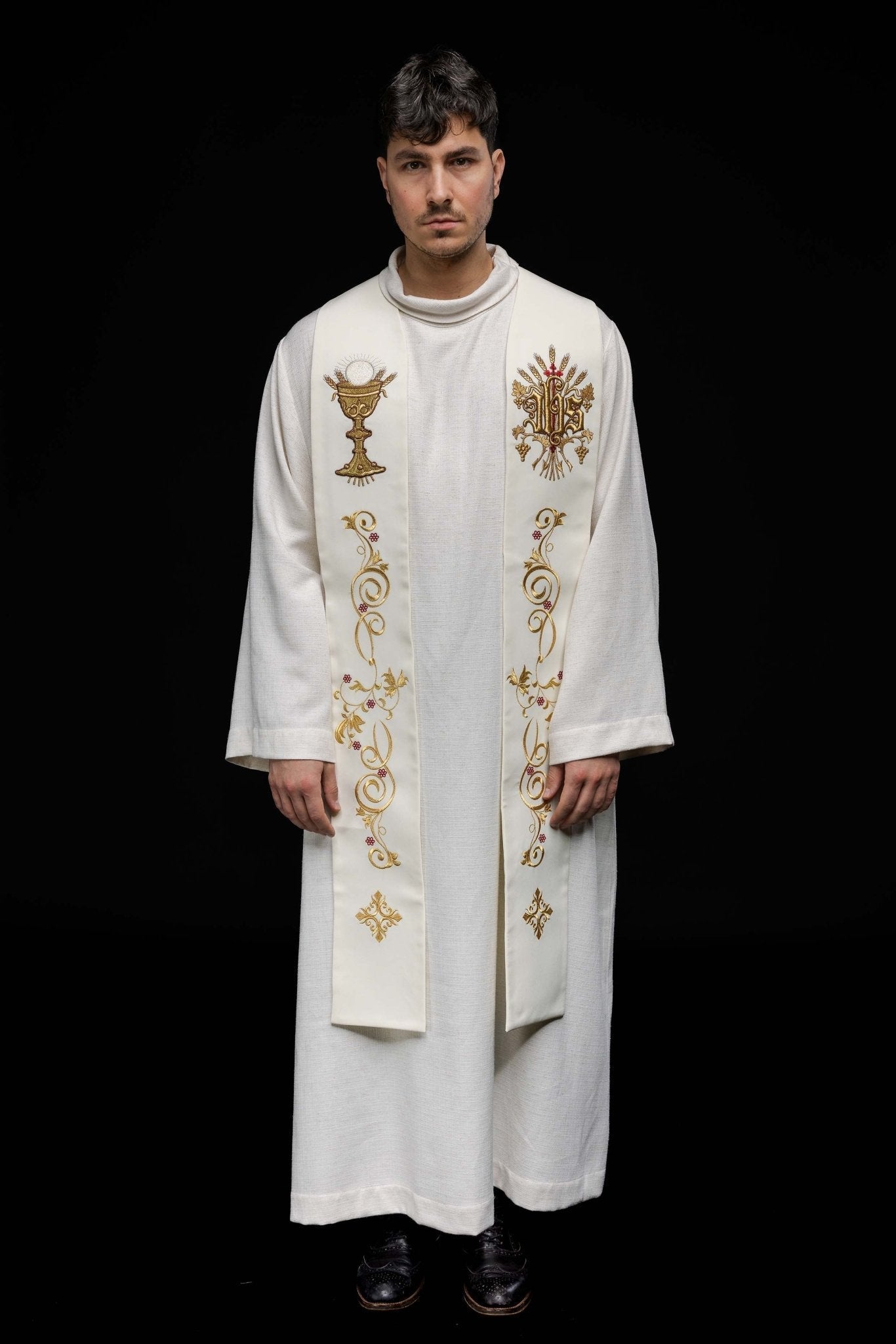 Ecru embroidered IHS and chalice stole KST/411/05/01 ECRU - HAFTINAUSA.COM