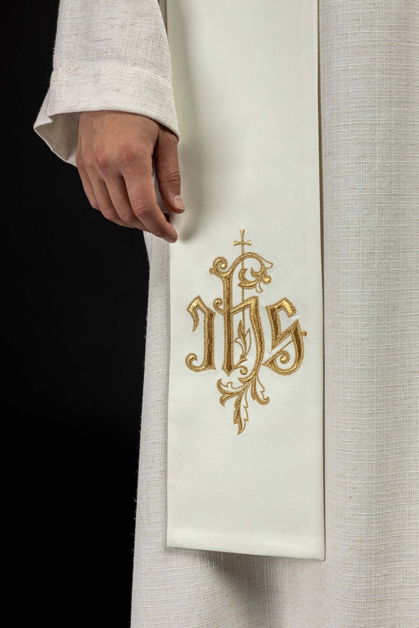 Ecru embroidered IHS stole KST/053/05/12 ECRU - HAFTINAUSA.COM