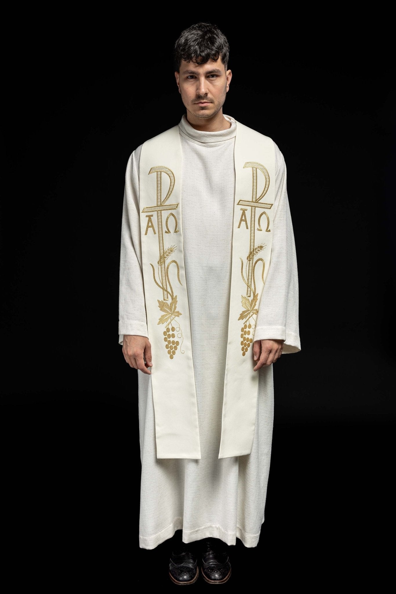 Ecru priestly stole embroidered with Alpha and Omega KST/075/05/01 ECRU - HAFTINAUSA.COM