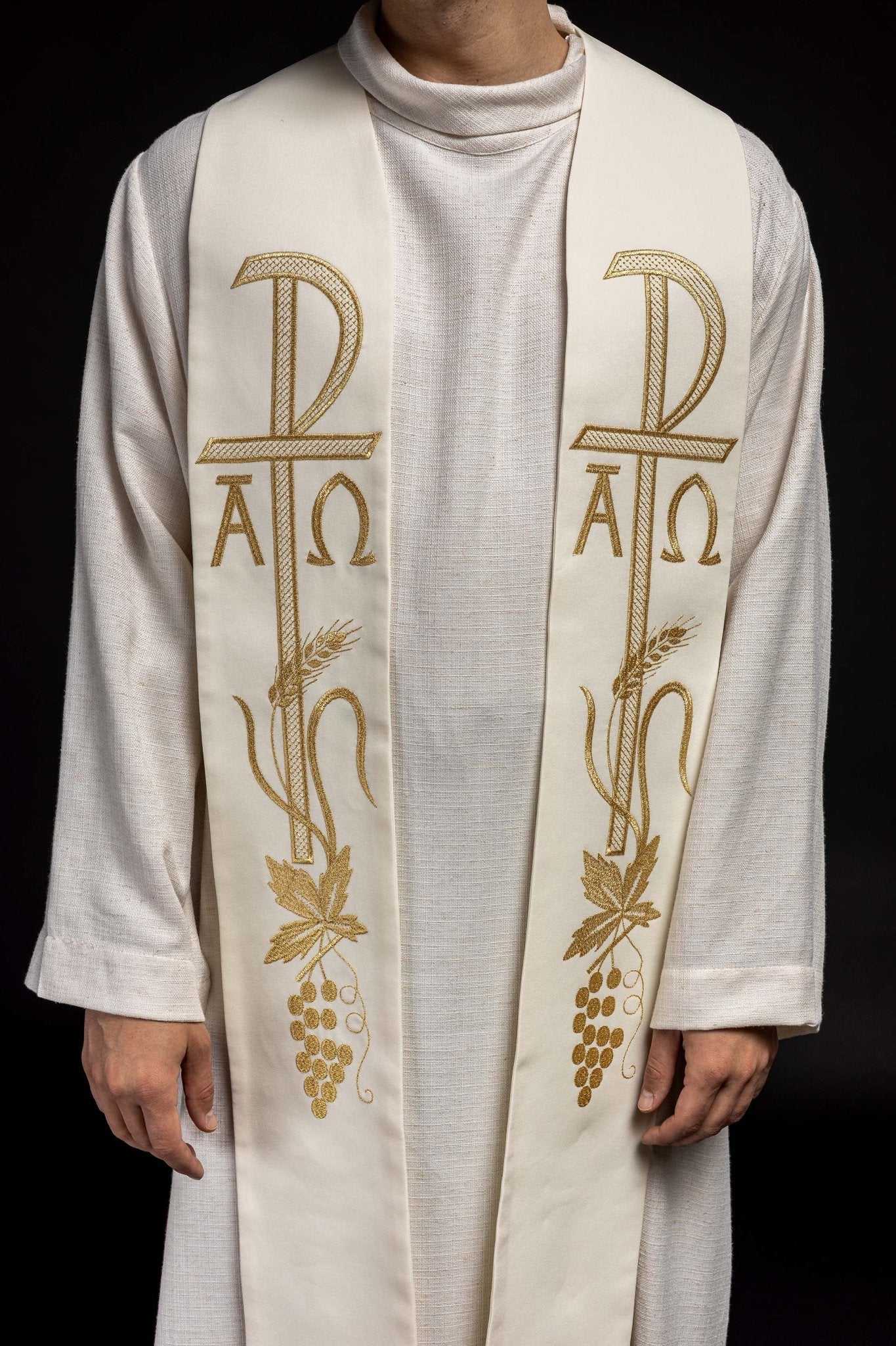 Ecru priestly stole embroidered with Alpha and Omega KST/075/05/01 ECRU - HAFTINAUSA.COM