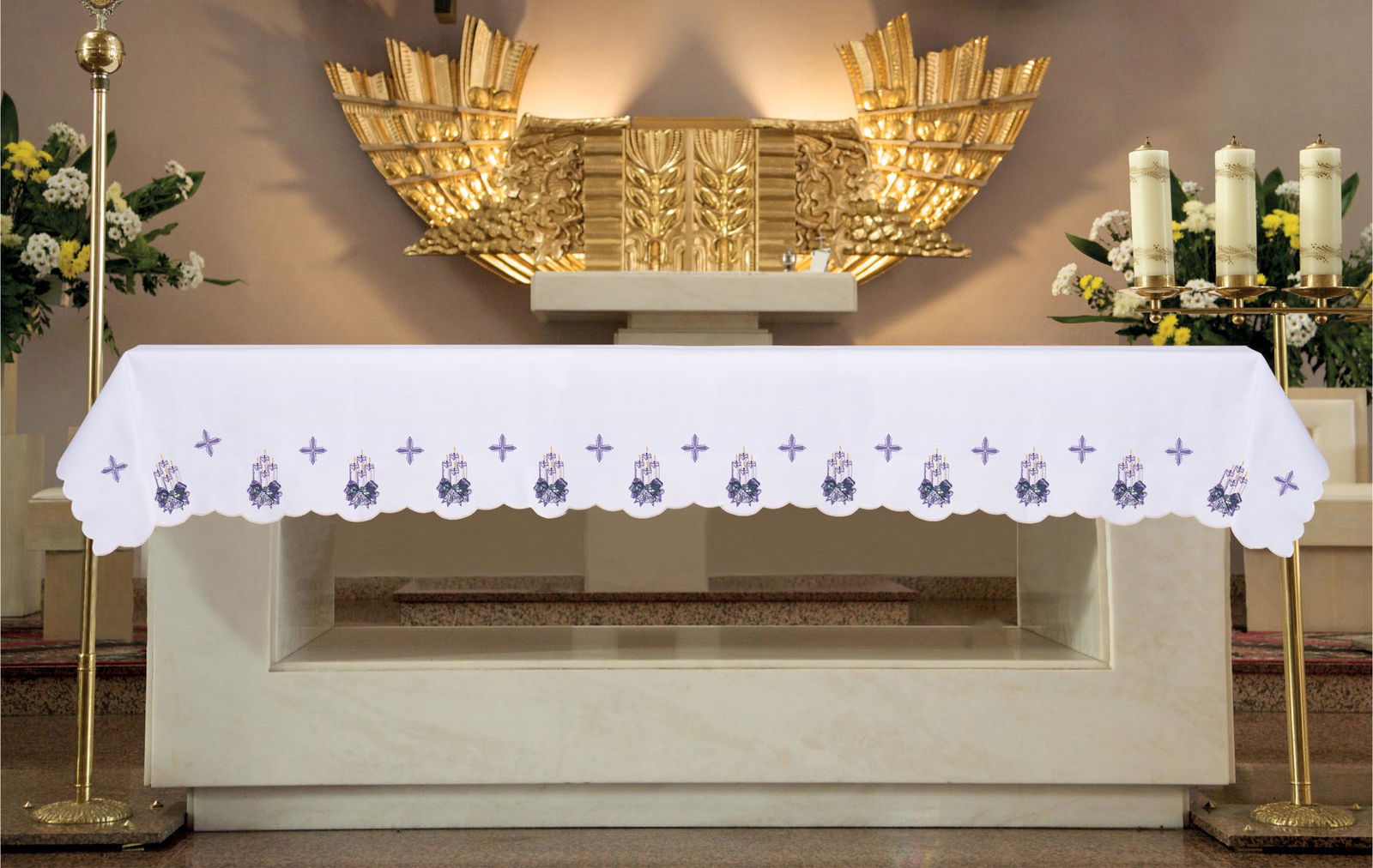 Embroidered Advent altar tablecloth KOO/097 150*300 BIAŁY (OBSZYWANY) - HAFTINAUSA.COM