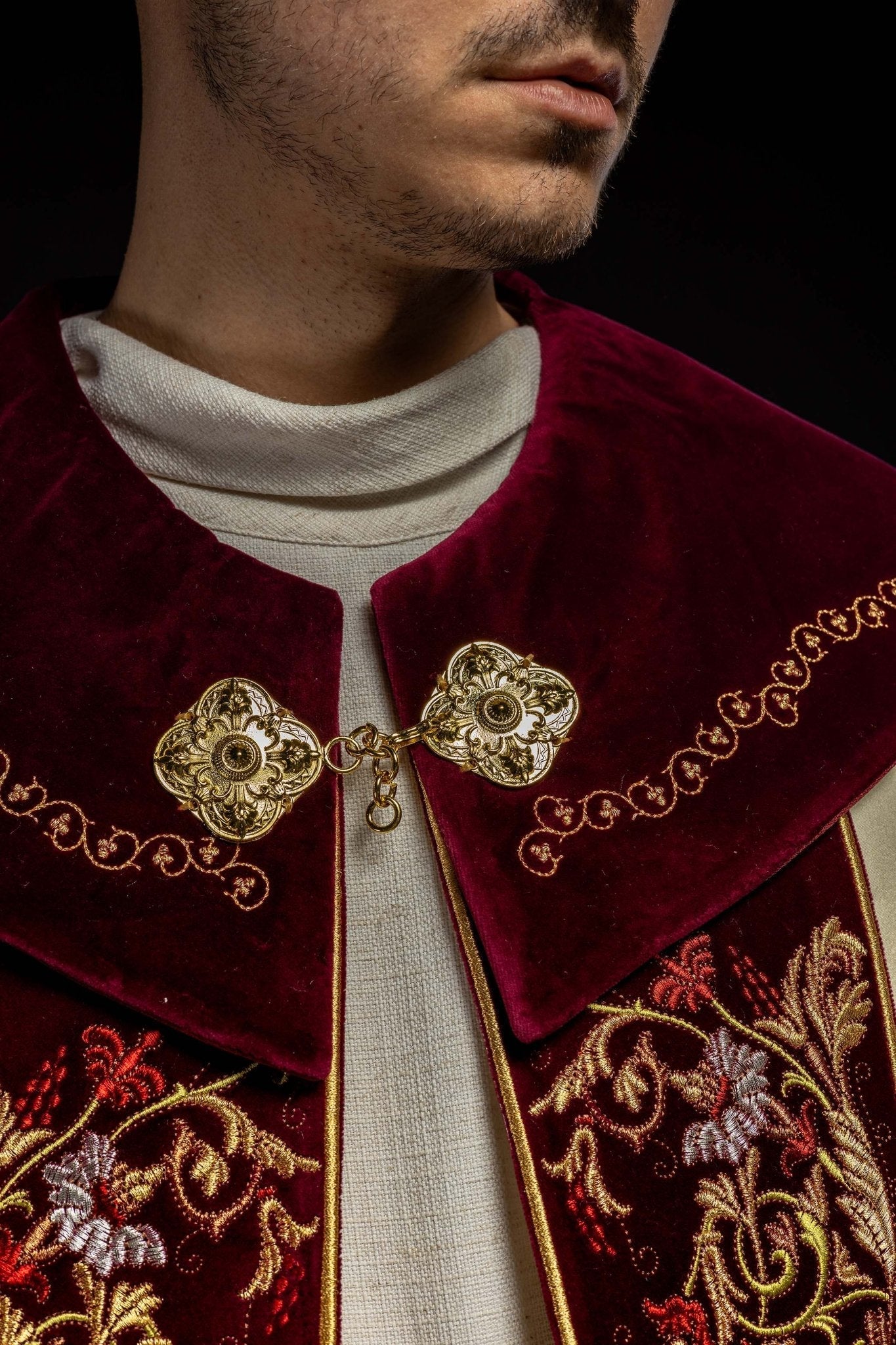 Embroidered cope made on velvet texture with big gold embroidery and JHS symbol KKP/004/05/20/PA 145cm - HAFTINAUSA.COM