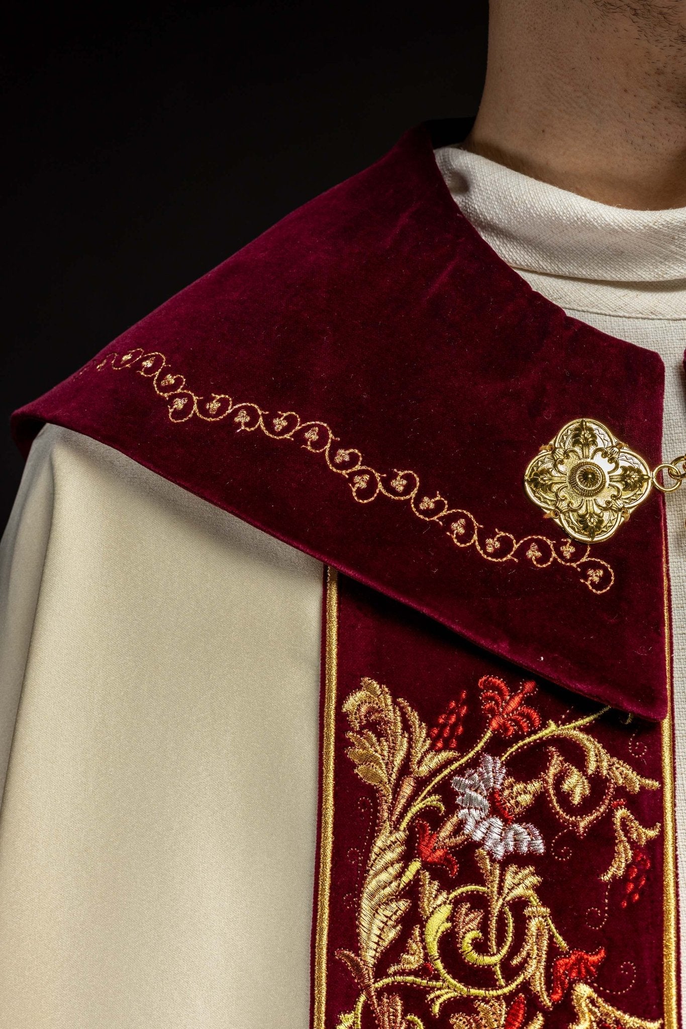 Embroidered cope made on velvet texture with big gold embroidery and JHS symbol KKP/004/05/20/PA 145cm - HAFTINAUSA.COM
