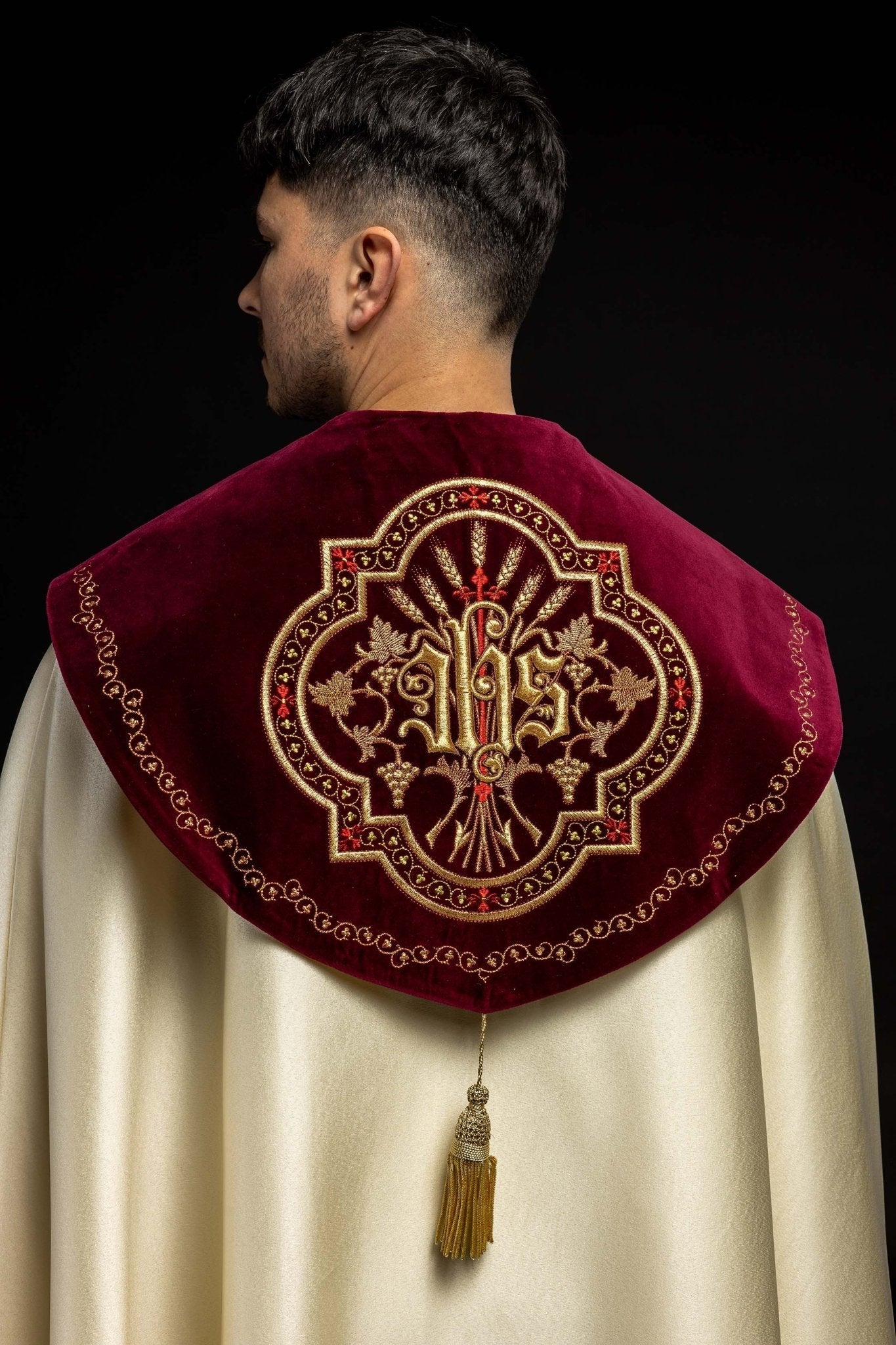 Embroidered cope made on velvet texture with big gold embroidery and JHS symbol KKP/004/05/20/PA 145cm - HAFTINAUSA.COM