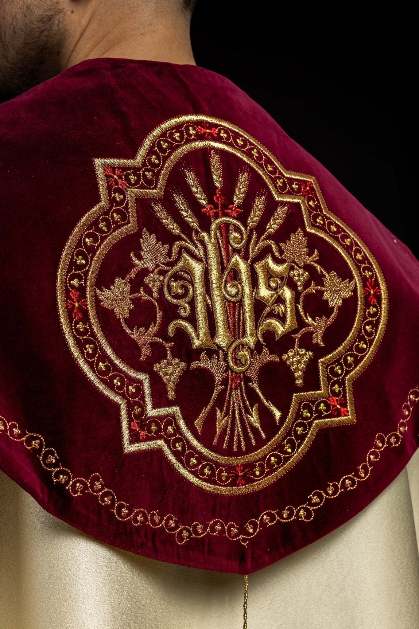 Embroidered cope made on velvet texture with big gold embroidery and JHS symbol KKP/004/05/20/PA 145cm - HAFTINAUSA.COM